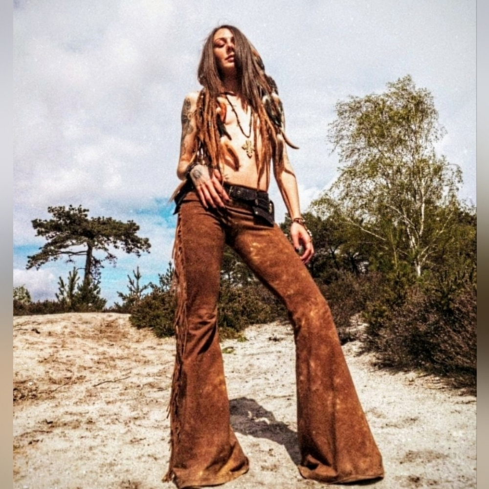 High Waisted Fringe Bell Bottoms in GOLDEN BROWN TIE DYE Festival Boho Pants NWT - Picture 5 of 13